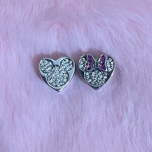 2 S925 Sterling Silver Mickey Minnie Mouse Heart Paved Collection Charm Bundle